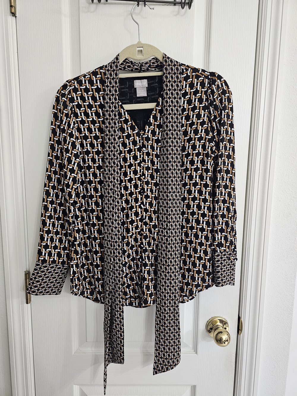 Chico's Black, Tan & White Geometric Tie-Neck Blouse